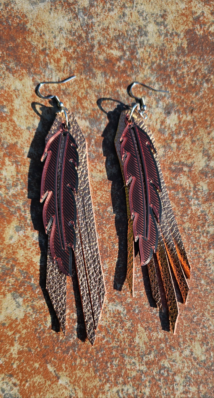 3D Printed Feather Leather Fringe Earrings Made in America